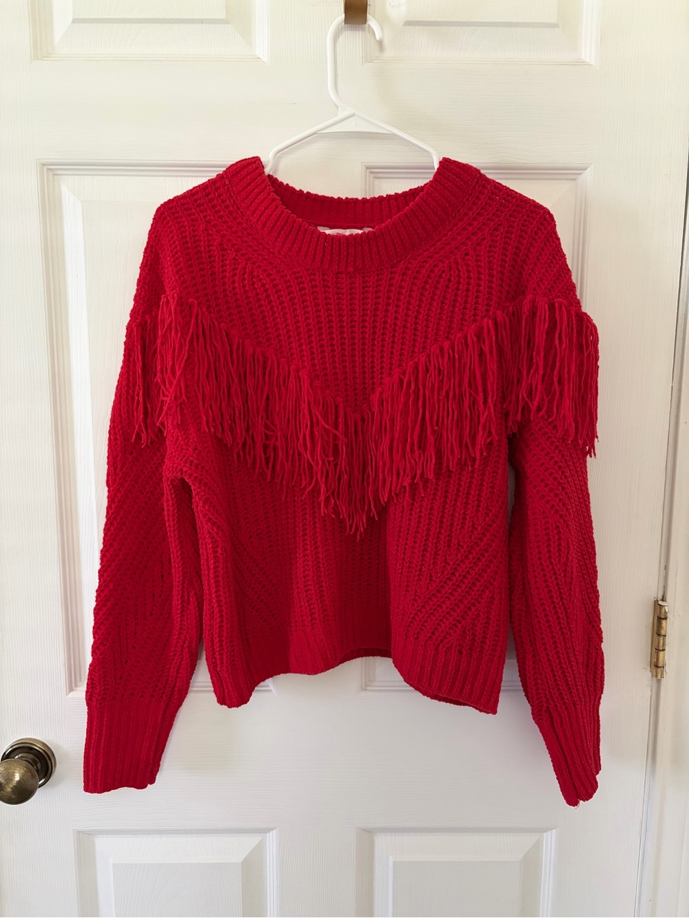 No Boundaries Bright Red Fringe Crewneck Sweater - Girls L, Womens S